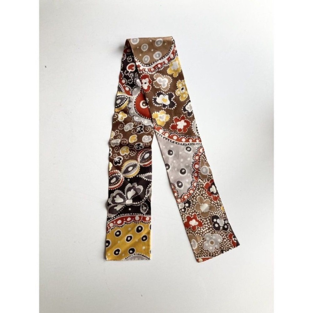 Brown Red Grey Paisley Polka Dot Silk Twill Long Skinny Head Scarf